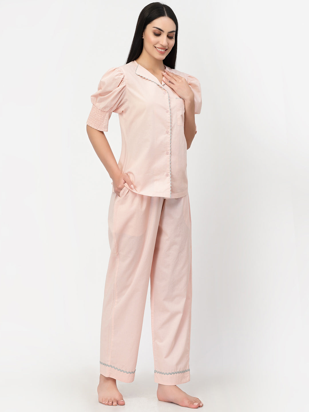 Blanc9 Peach With Brown Lace Cotton Pyjama Night Suit-B9NW33P