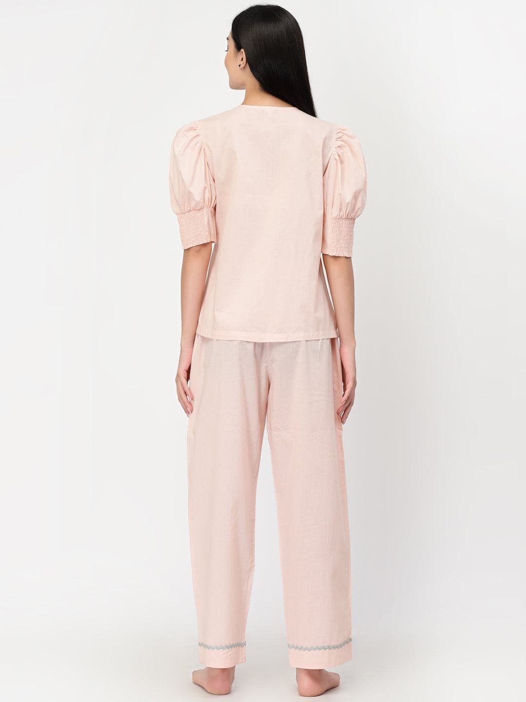 Blanc9 Peach With Brown Lace Cotton Pyjama Night Suit-B9NW33P