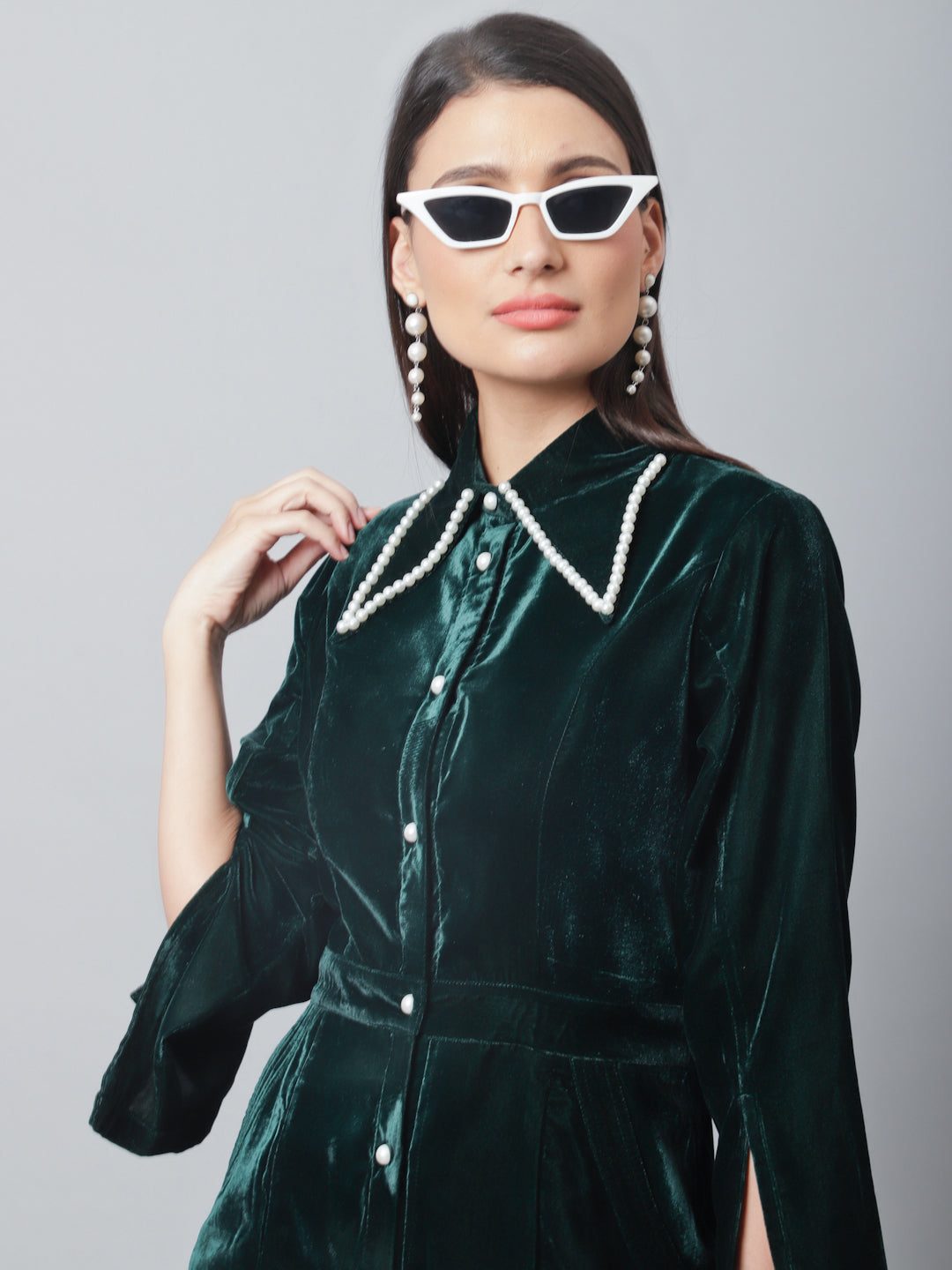 Blanc9 Pearl Green Velvet Dress-B9DR130