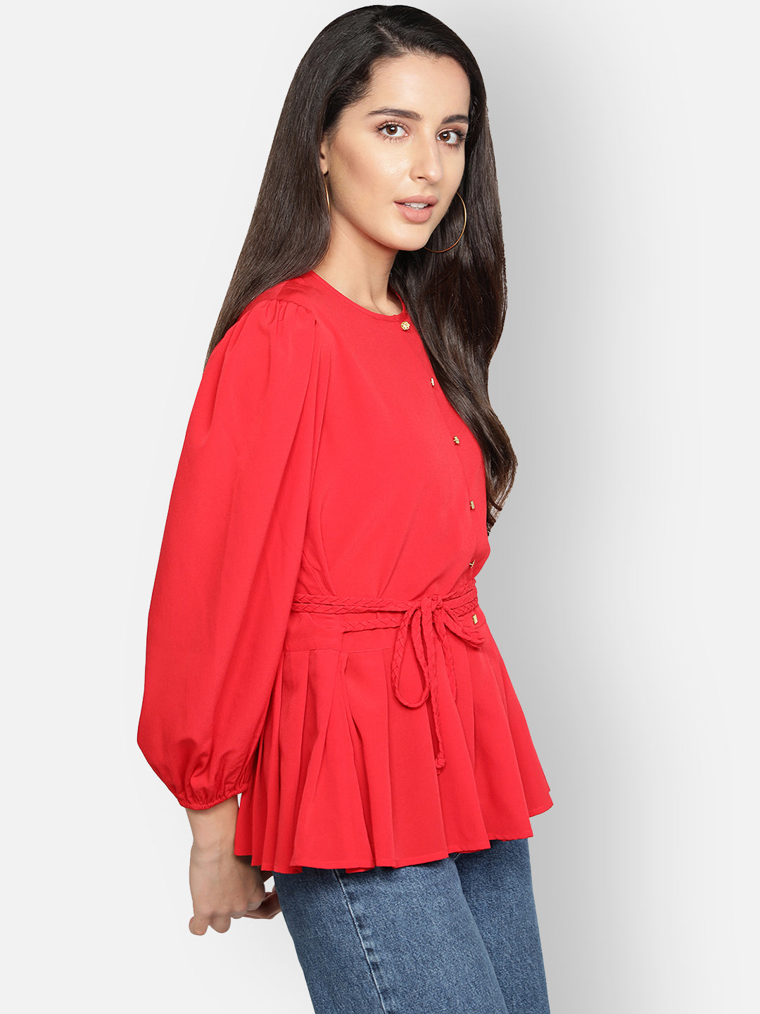 Blanc9 Peplum Top With Braided Belt-B9TP78R