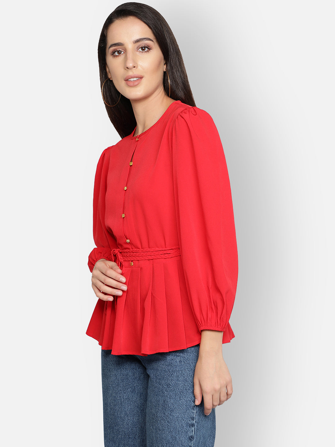 Blanc9 Peplum Top With Braided Belt-B9TP78R
