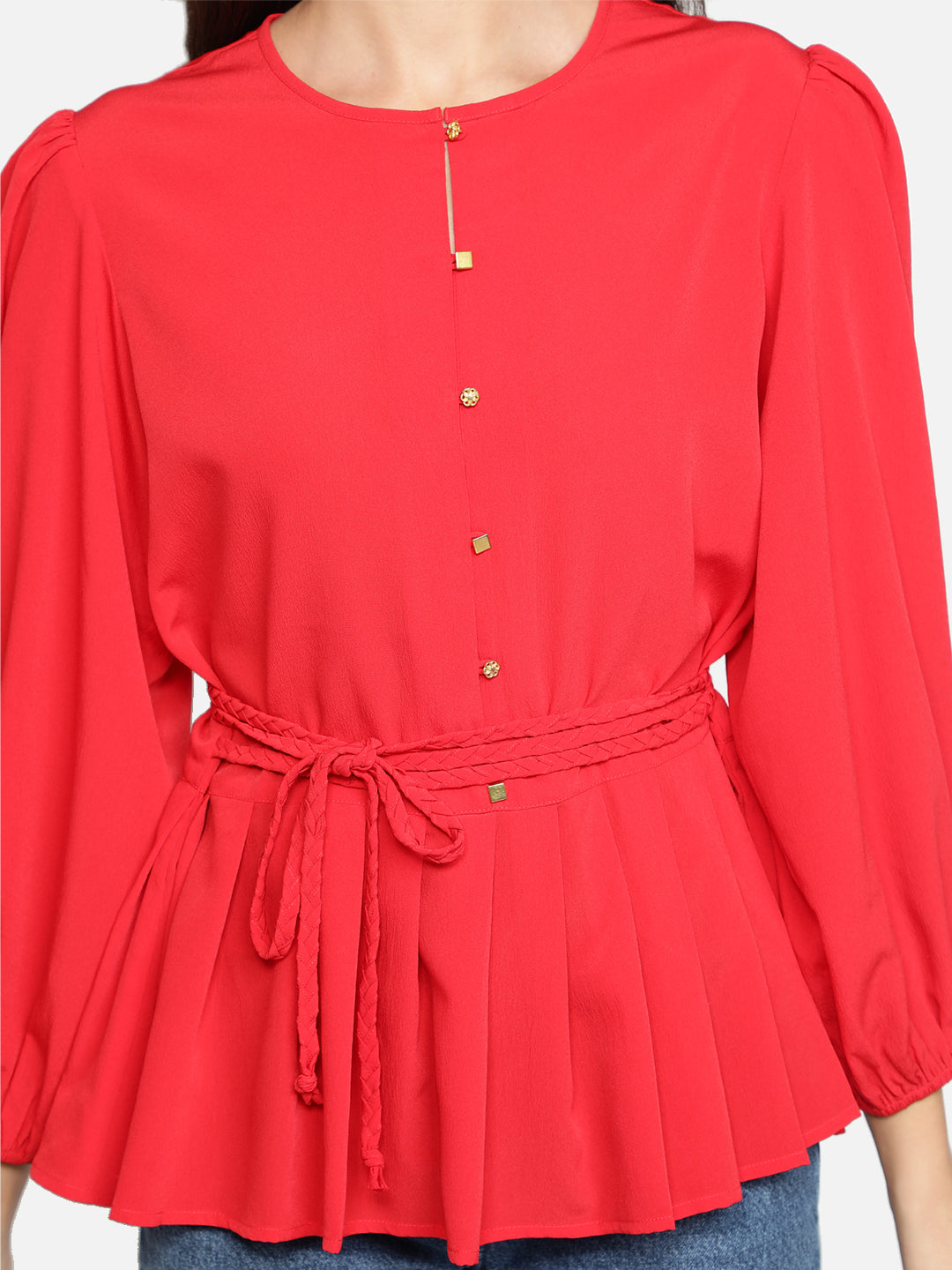 Blanc9 Peplum Top With Braided Belt-B9TP78R