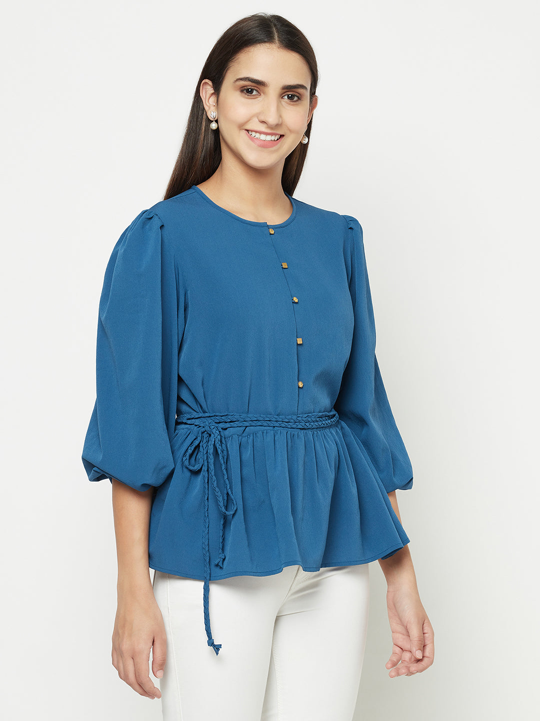 Blanc9 Peplum Top With Braided Belt-B9TP78T
