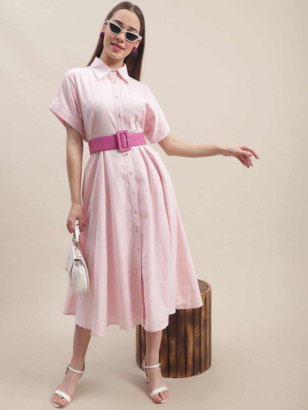Pink Cotton Button Down Dress With Belt