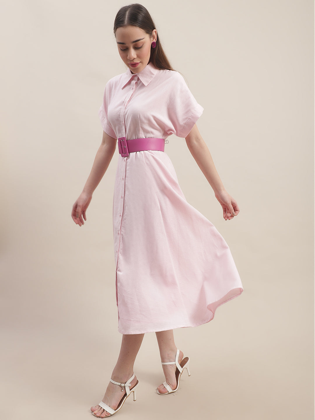 Blanc9 Pink Cotton Button Down Dress With Belt-B9DR140