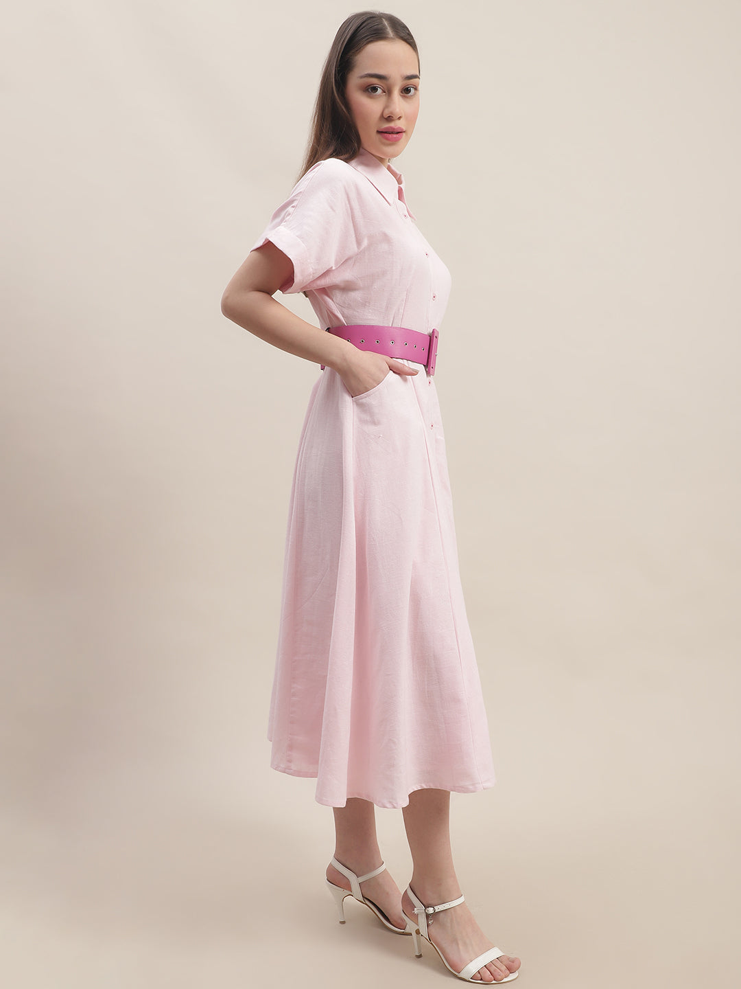Blanc9 Pink Cotton Button Down Dress With Belt-B9DR140