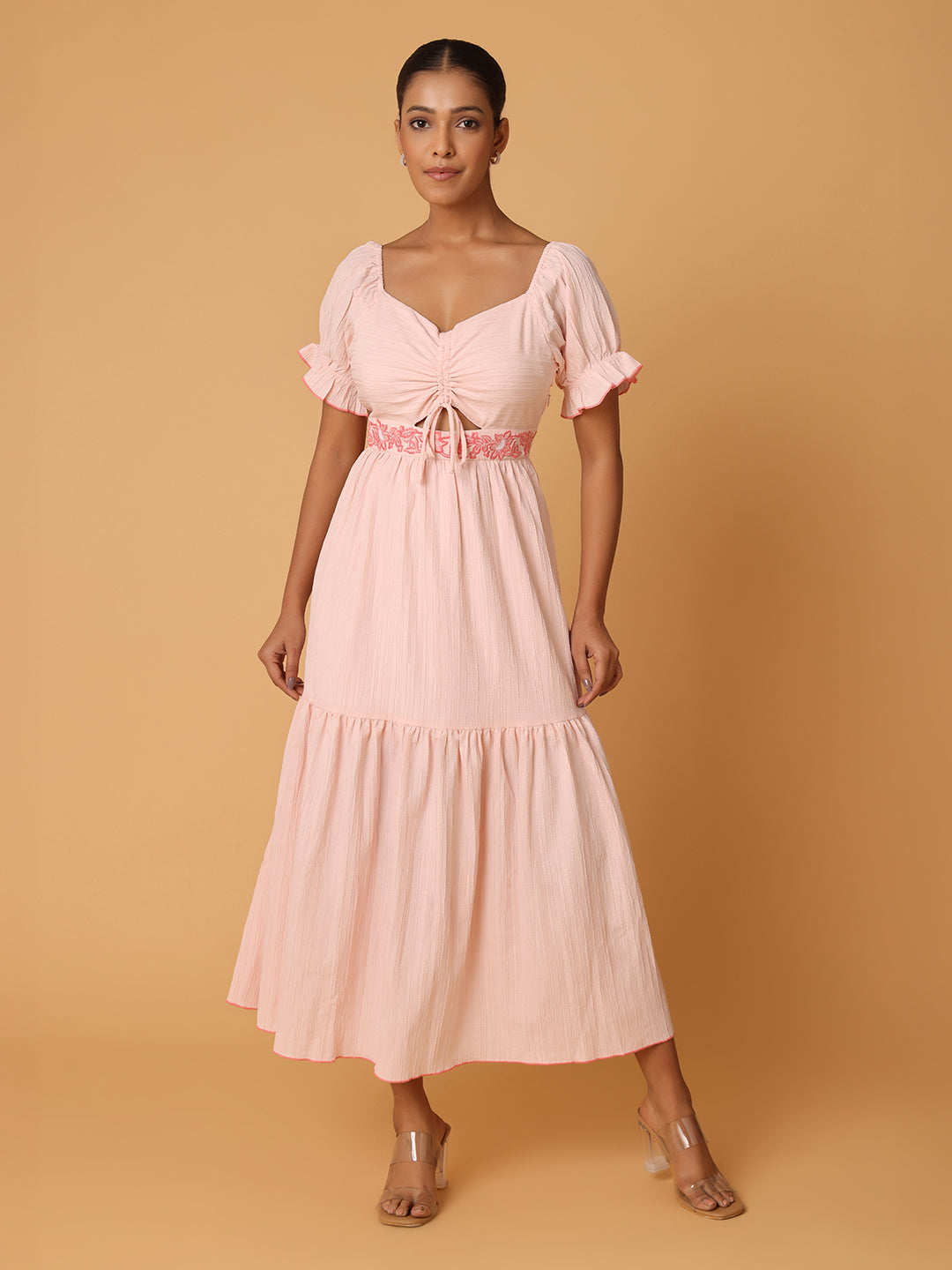 Pink Maxi Dress With Embroidery On Waist