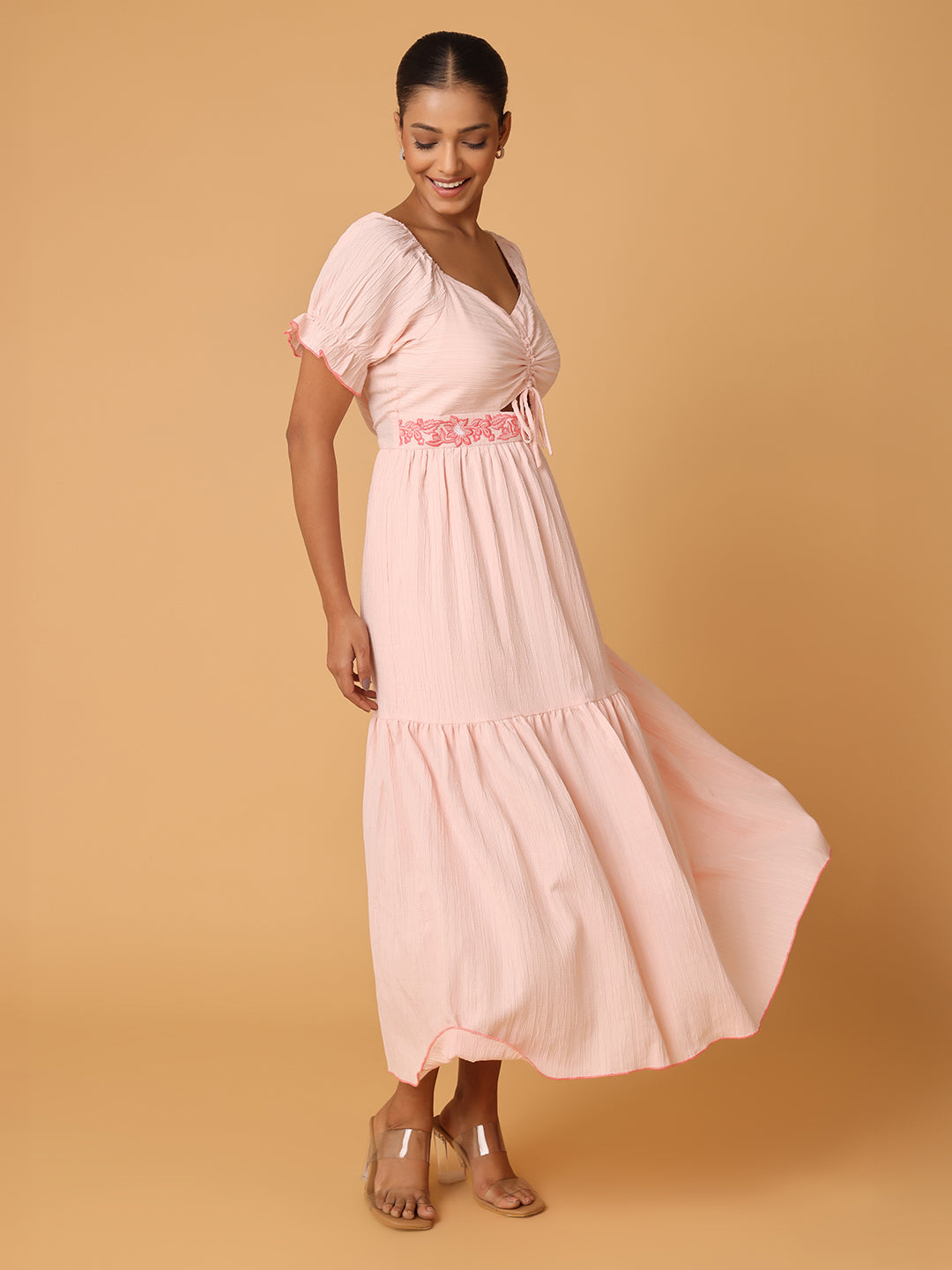 Pink Maxi Dress With Embroidery On Waist