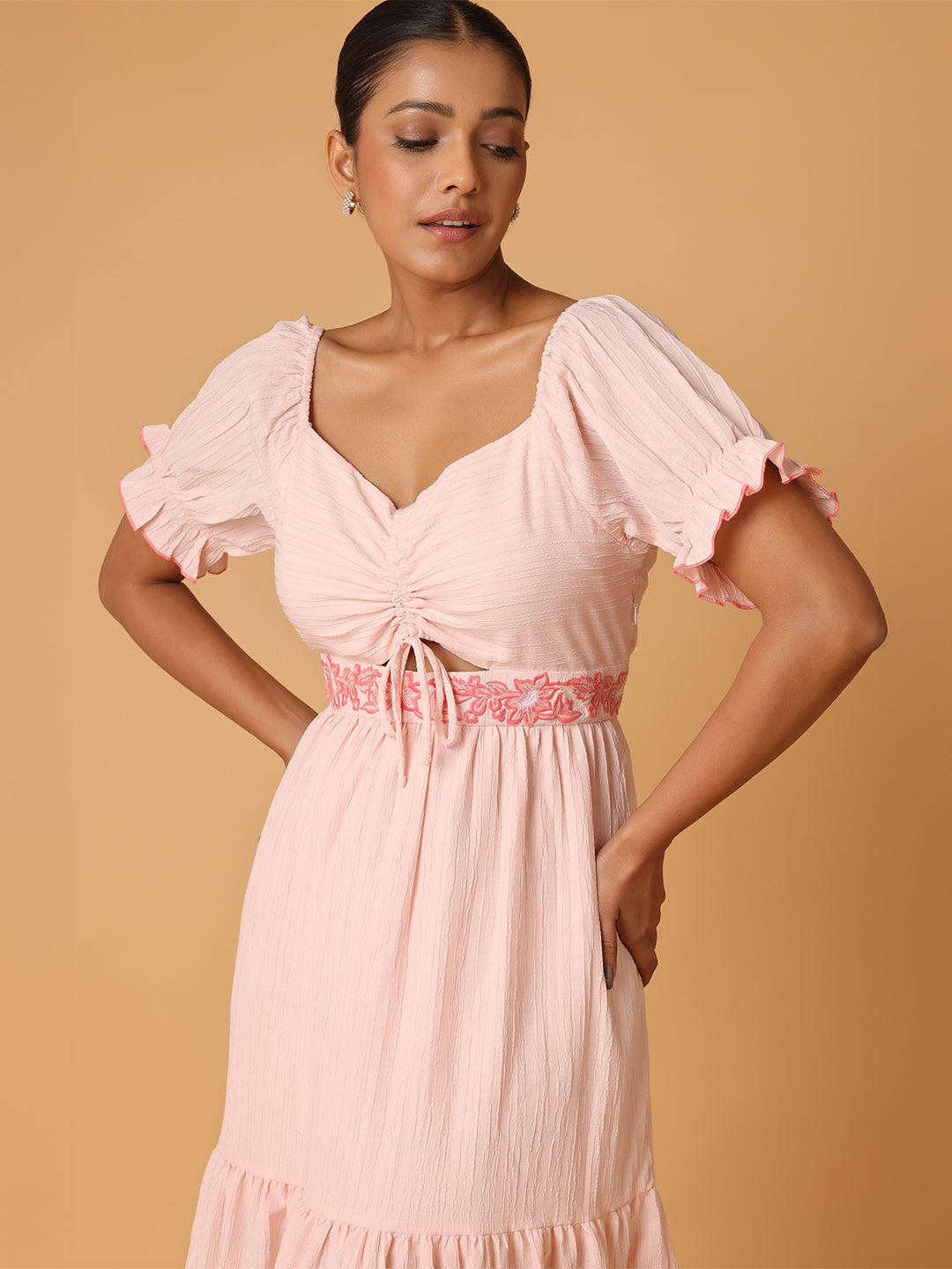 Pink Maxi Dress With Embroidery On Waist