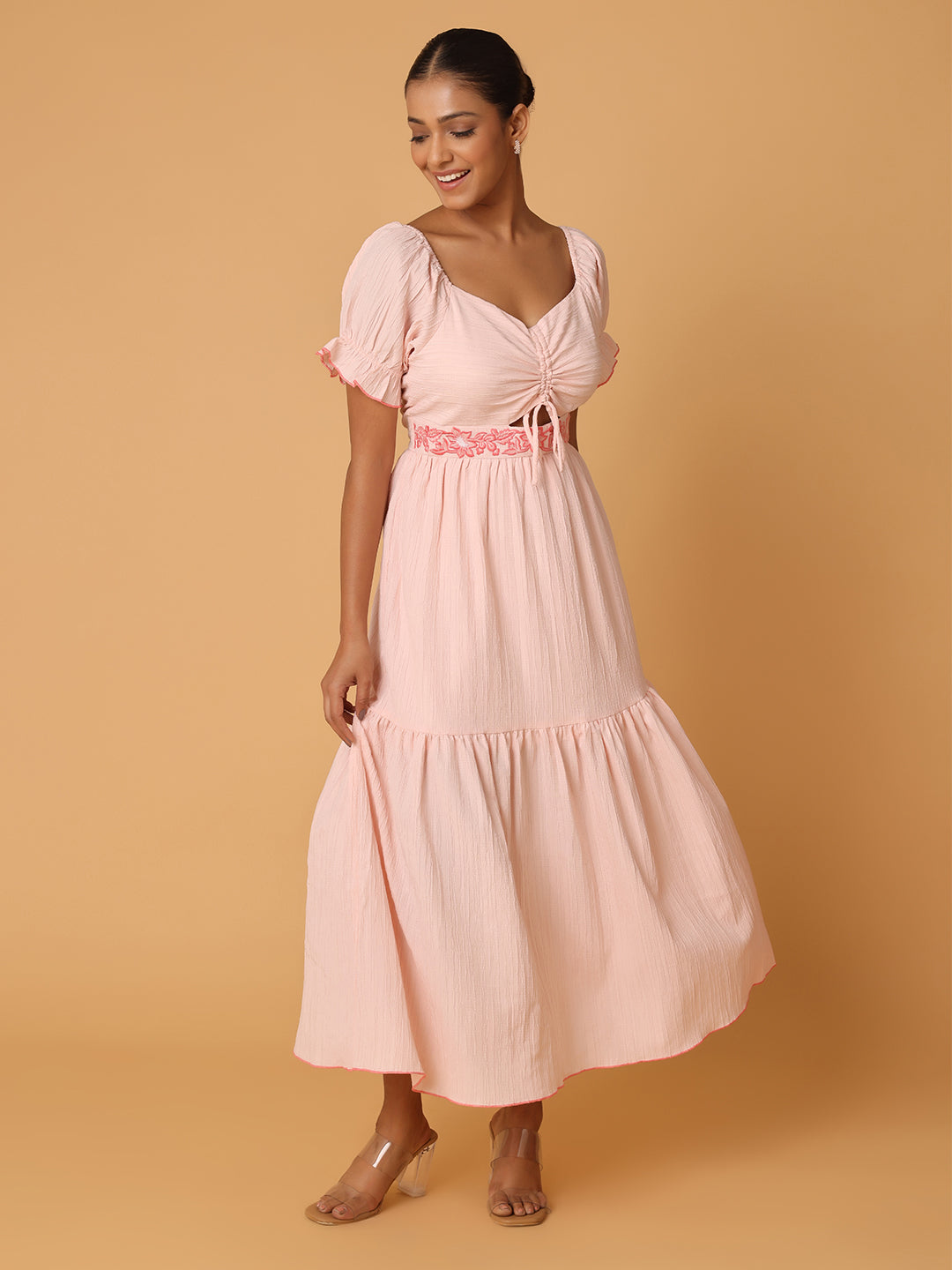 Pink Maxi Dress With Embroidery On Waist