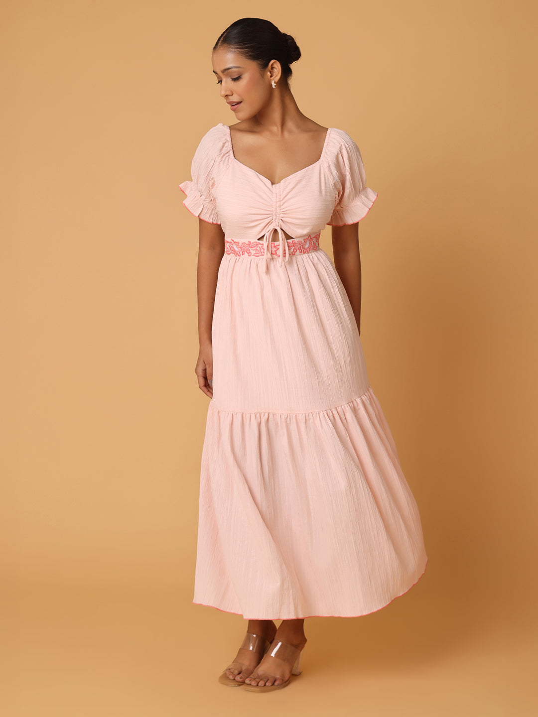 Pink Maxi Dress With Embroidery On Waist