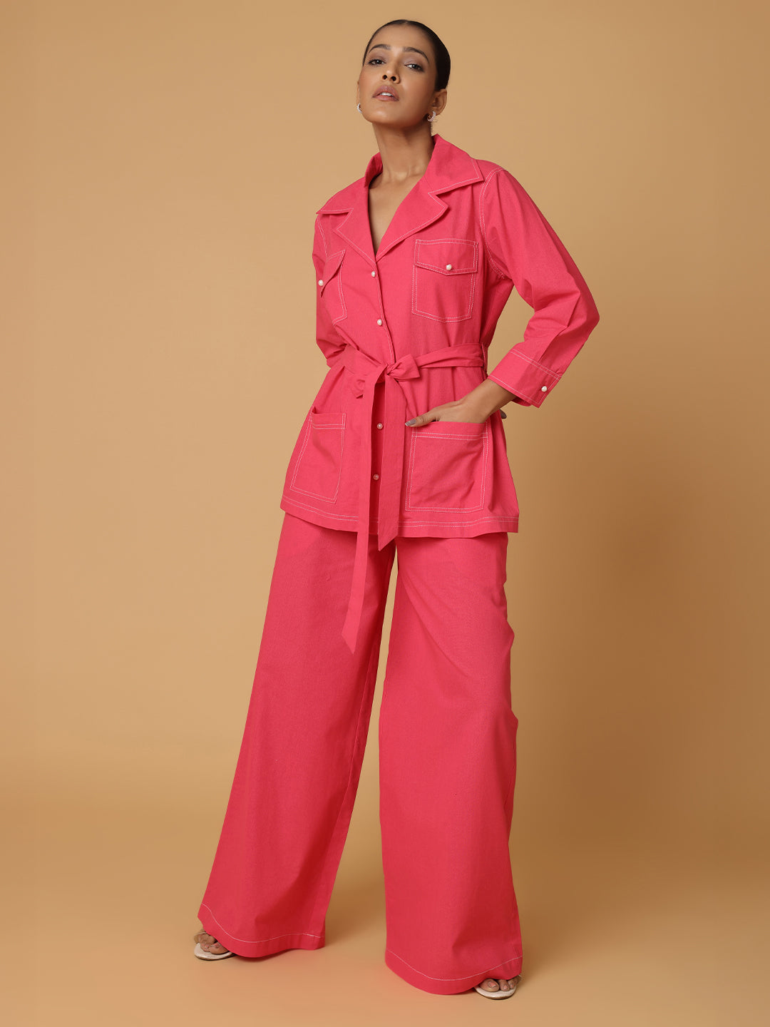 Pink Shirt & Trousers With Contrast Thread