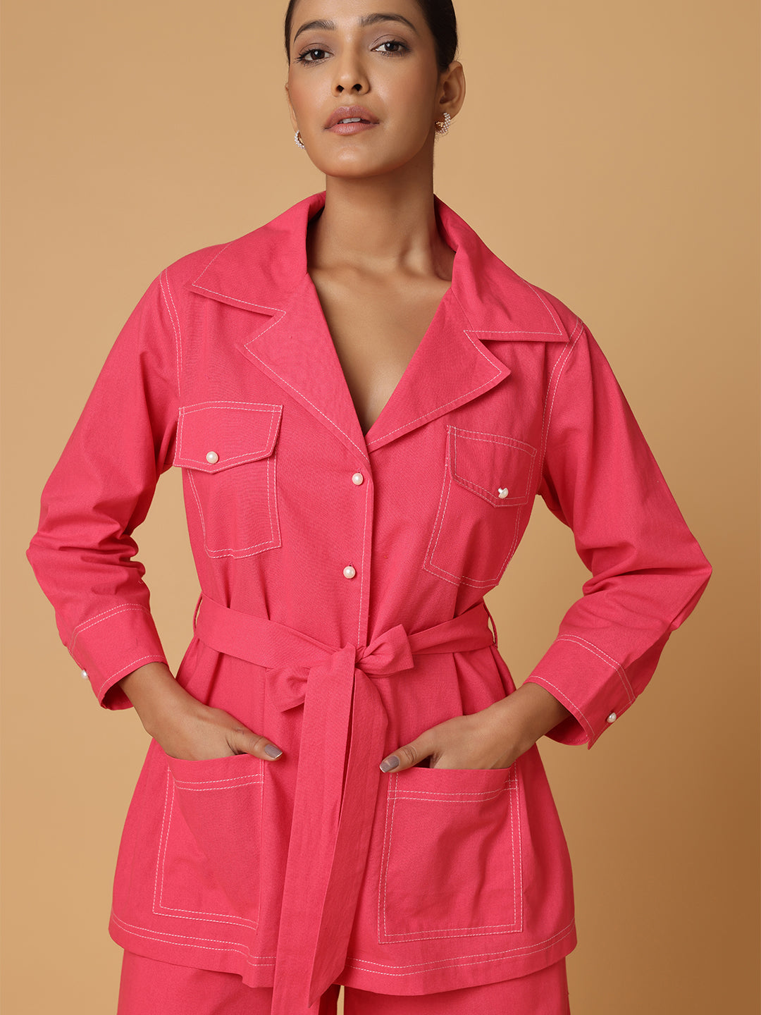 Pink Shirt & Trousers With Contrast Thread