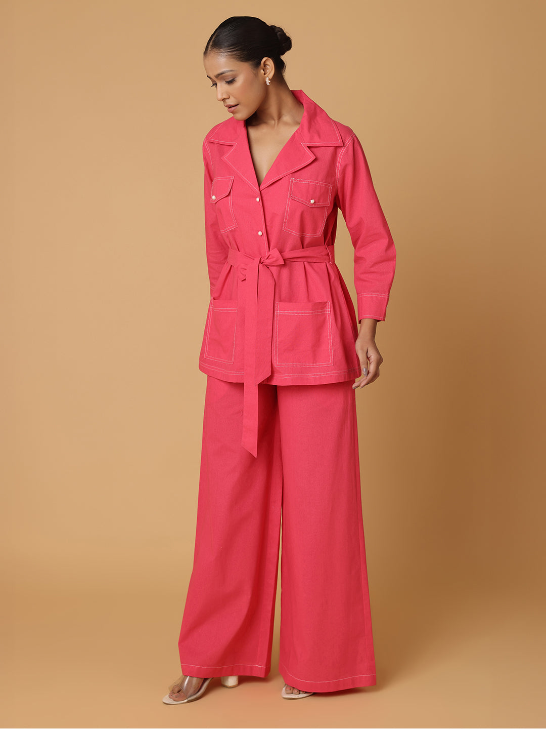 Pink Shirt & Trousers With Contrast Thread