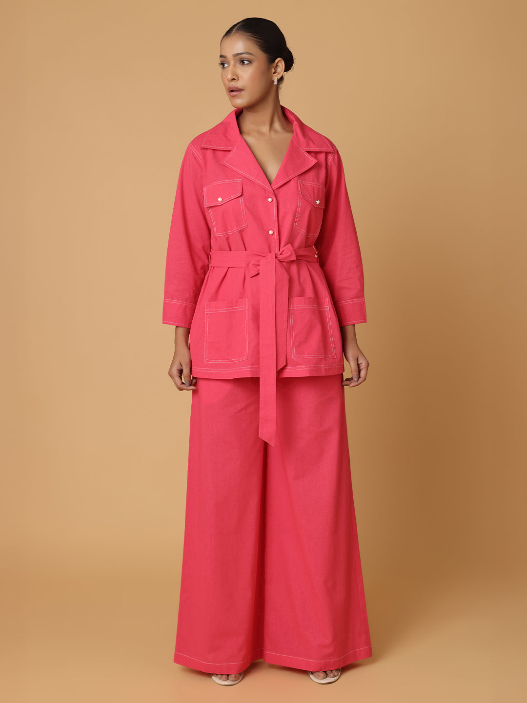 Pink Shirt & Trousers With Contrast Thread