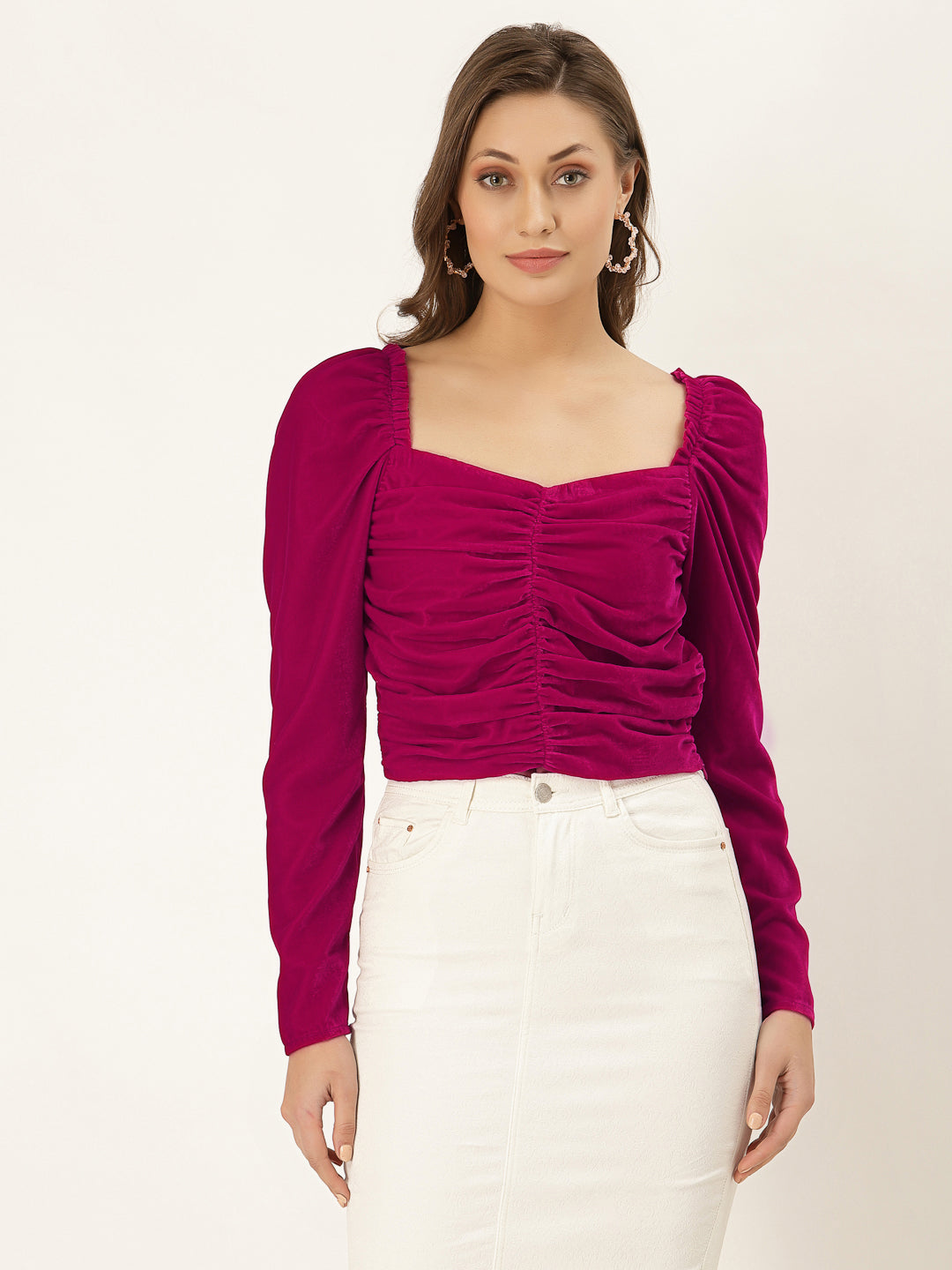 Blanc9 Pink Velvet Puffed Sleeve Top-B9TP131C