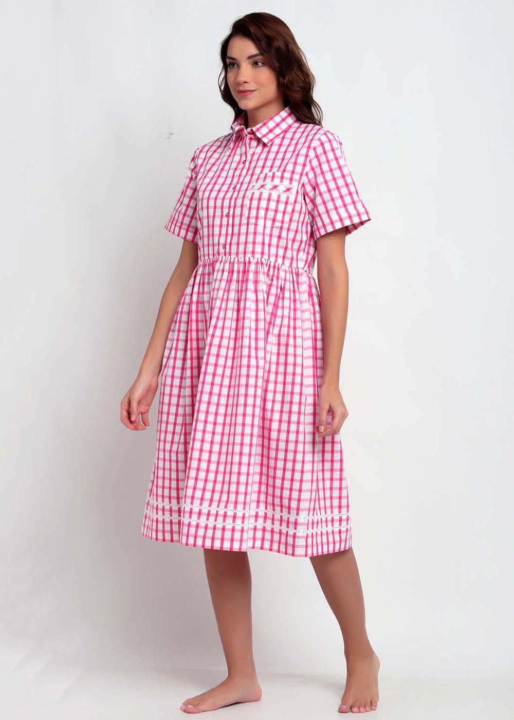 Blanc9 Pink & White Checks Night Dress-B9NW21