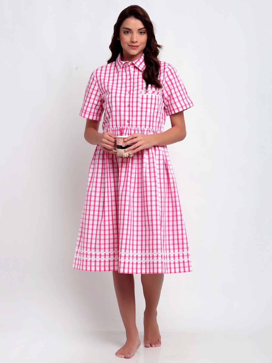 Blanc9 Pink & White Checks Night Dress-B9NW21