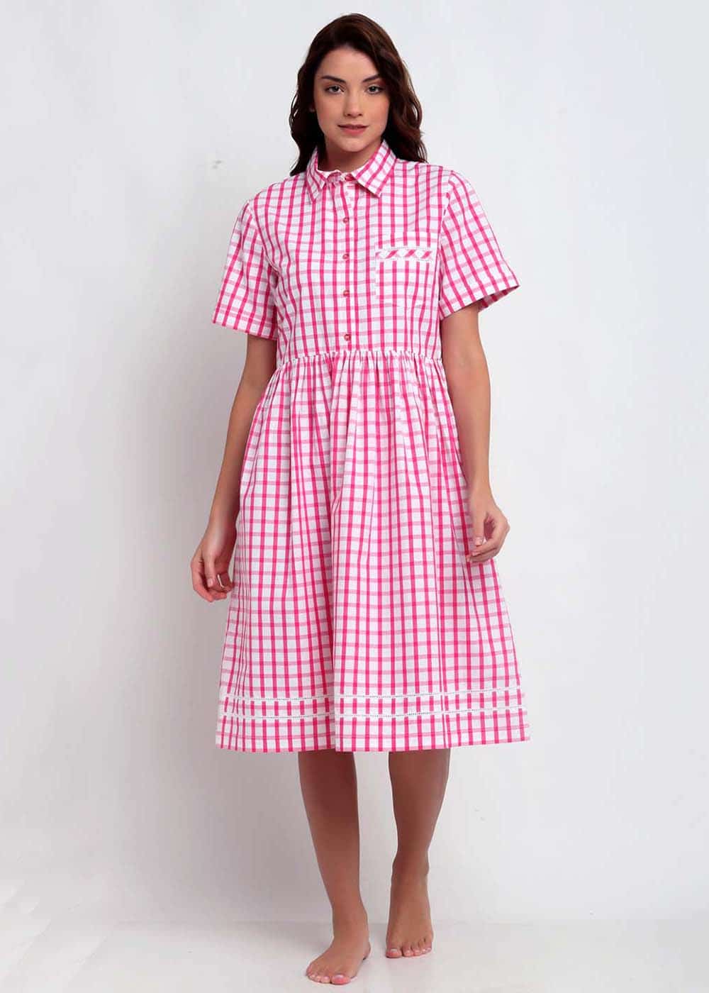 Blanc9 Pink & White Checks Night Dress-B9NW21