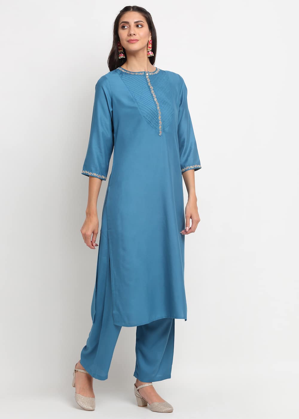 Blanc9 Pintucks Paisley Embroidered Kurti-B9FV02T