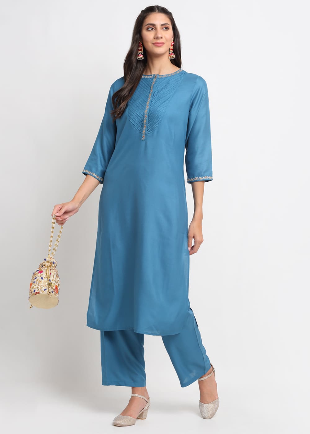 Blanc9 Pintucks Paisley Embroidered Kurti-B9FV02T