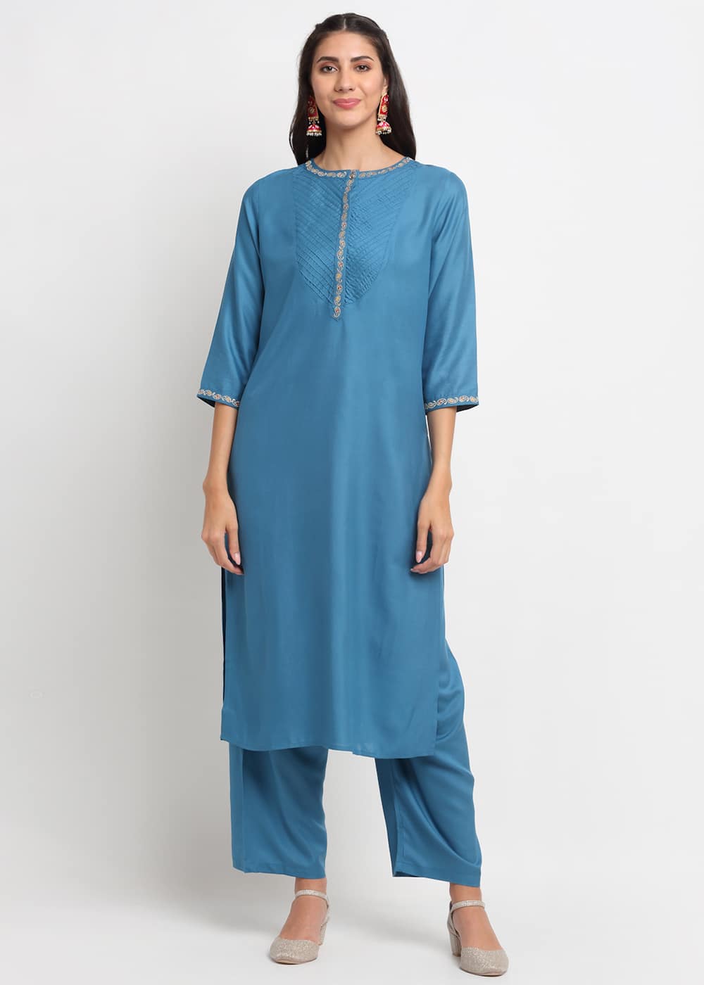 Blanc9 Pintucks Paisley Embroidered Kurti-B9FV02T