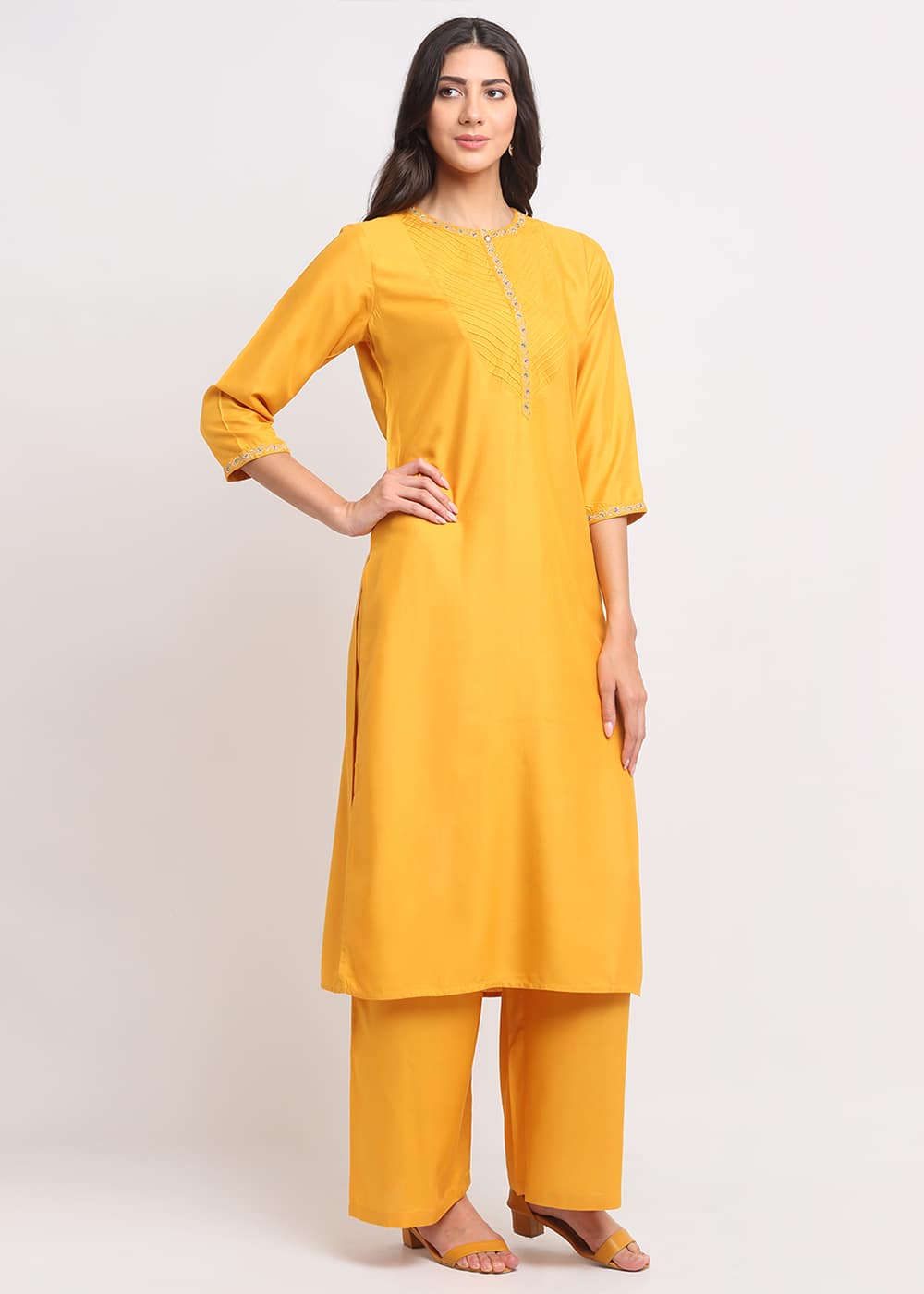 Blanc9 Pintucks Paisley Embroidered Kurti-B9FV02Y