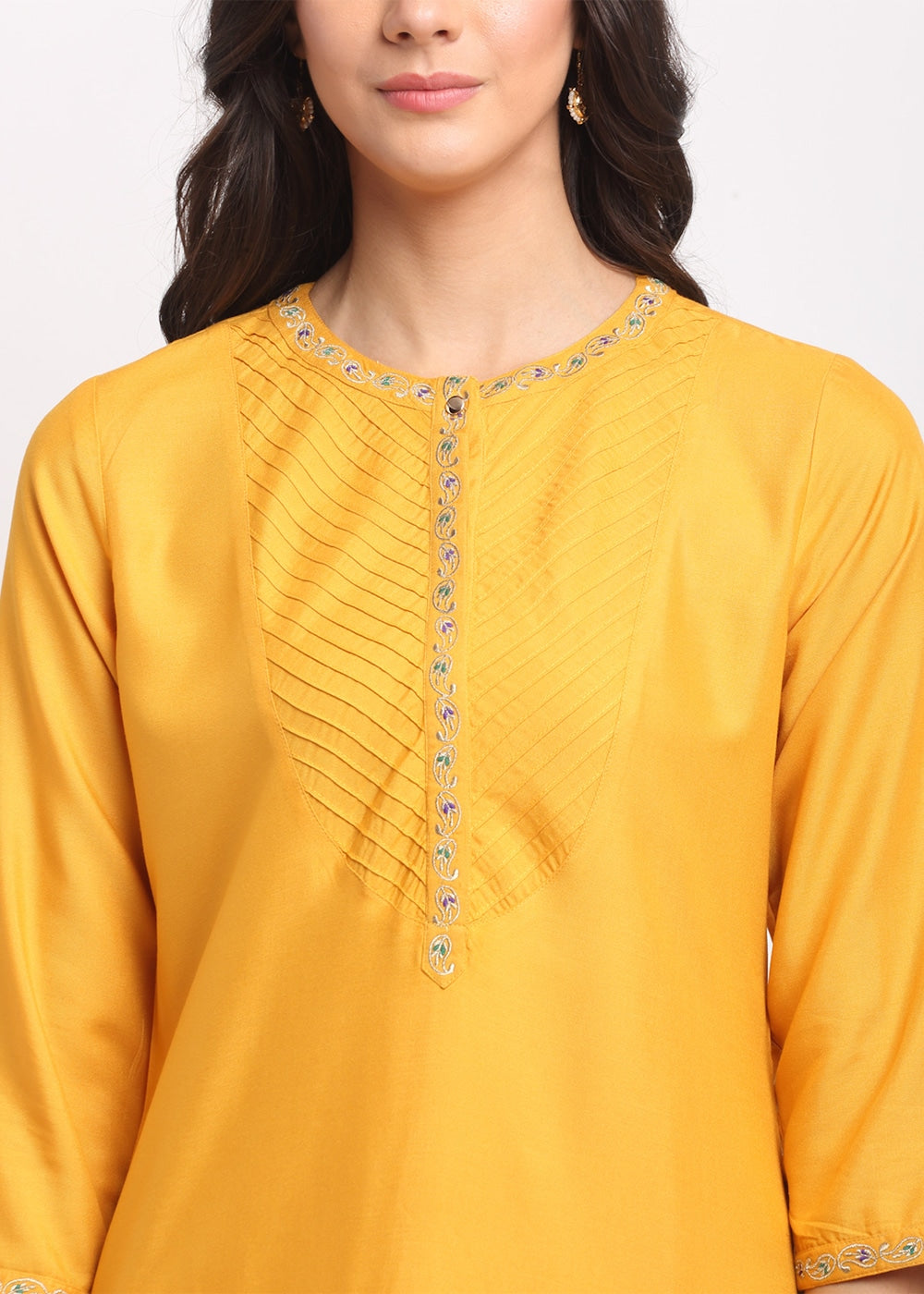 Blanc9 Pintucks Paisley Embroidered Kurti-B9FV02Y