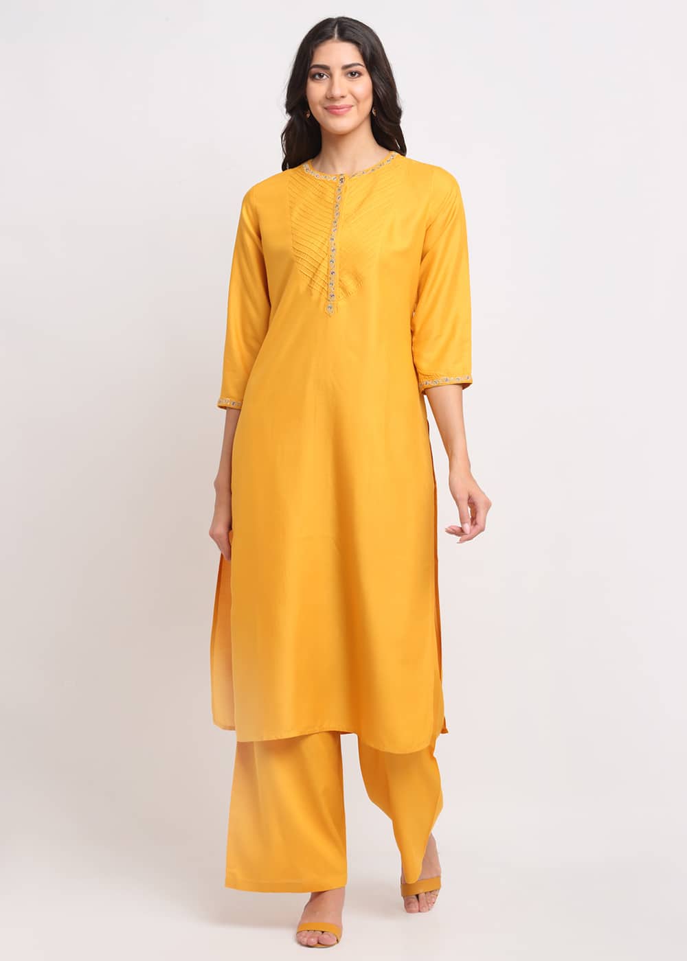 Blanc9 Pintucks Paisley Embroidered Kurti-B9FV02Y