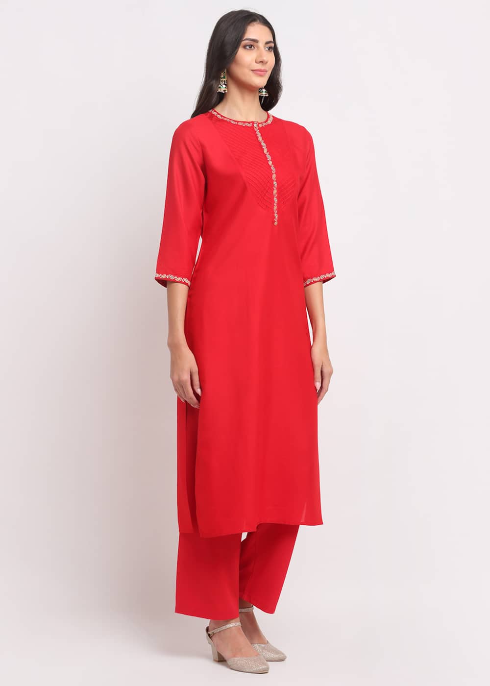 Blanc9 Pintucks Paisley Embroidered Red Kurti-B9FV02R