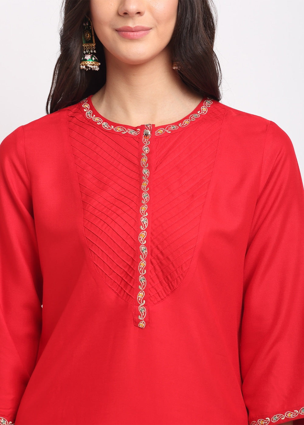 Blanc9 Pintucks Paisley Embroidered Red Kurti-B9FV02R