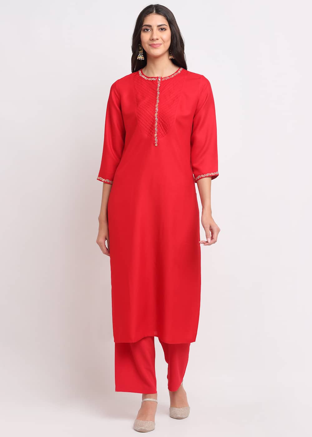 Blanc9 Pintucks Paisley Embroidered Red Kurti-B9FV02R