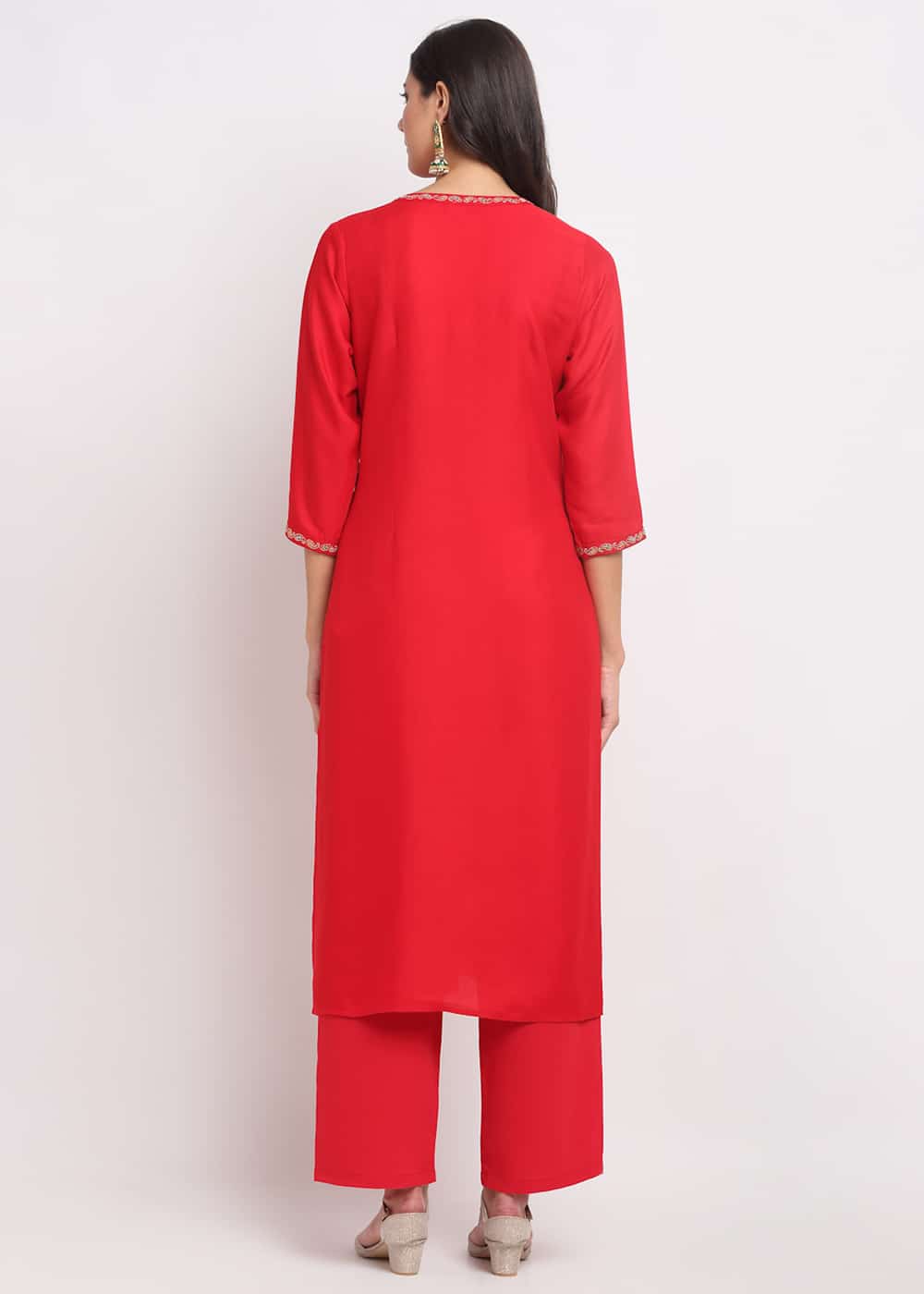 Blanc9 Pintucks Paisley Embroidered Red Kurti-B9FV02R