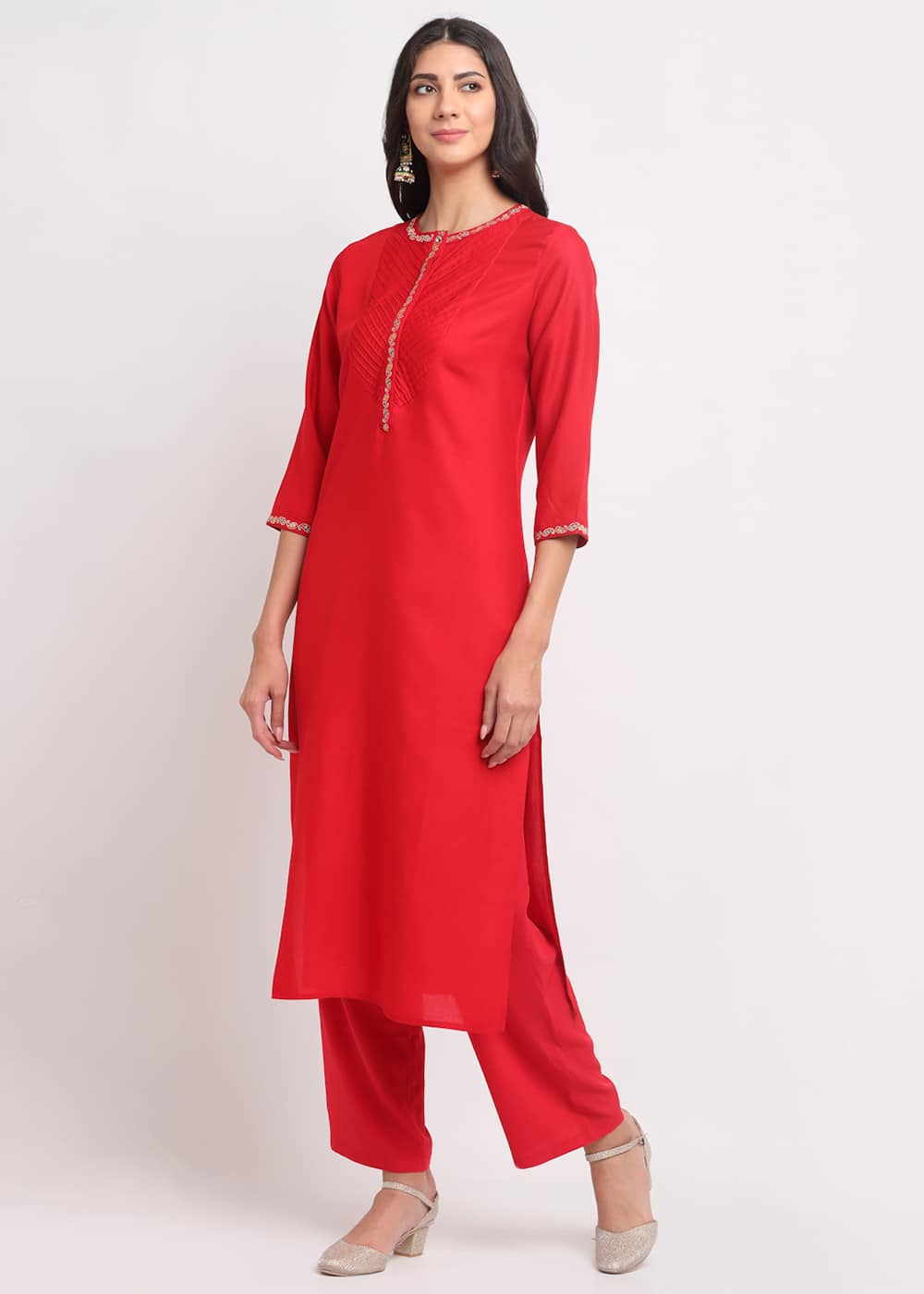 Blanc9 Pintucks Paisley Embroidered Red Kurti-B9FV02R