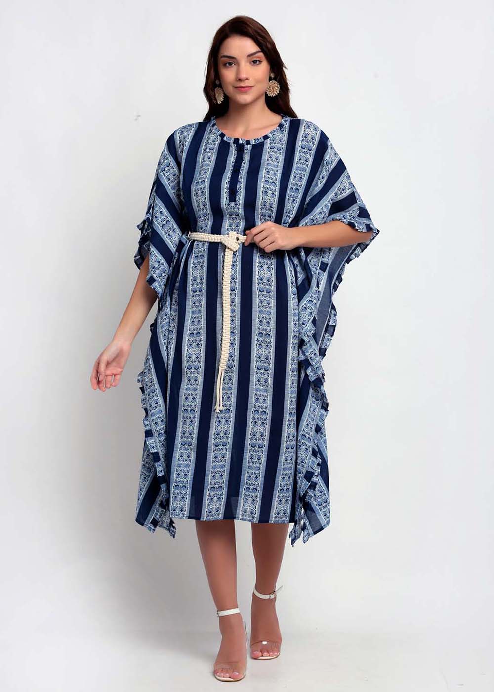 Blanc9 Printed Kaftan With Macrame Belt- B9KF04