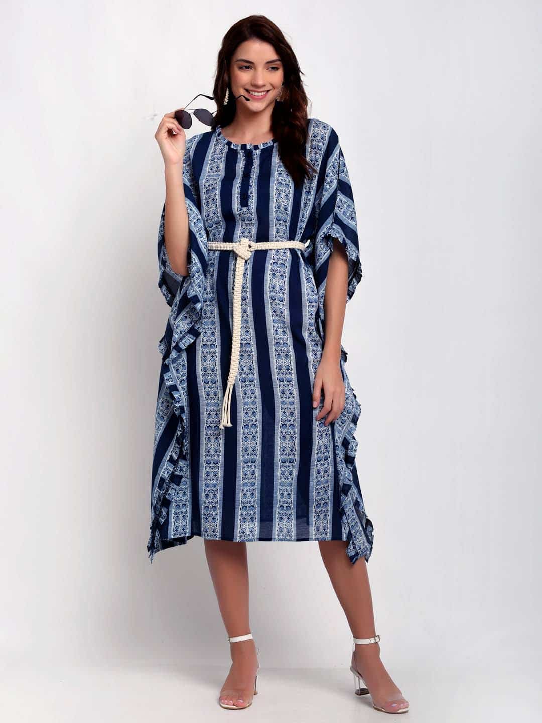Blanc9 Printed Kaftan With Macrame Belt- B9KF04