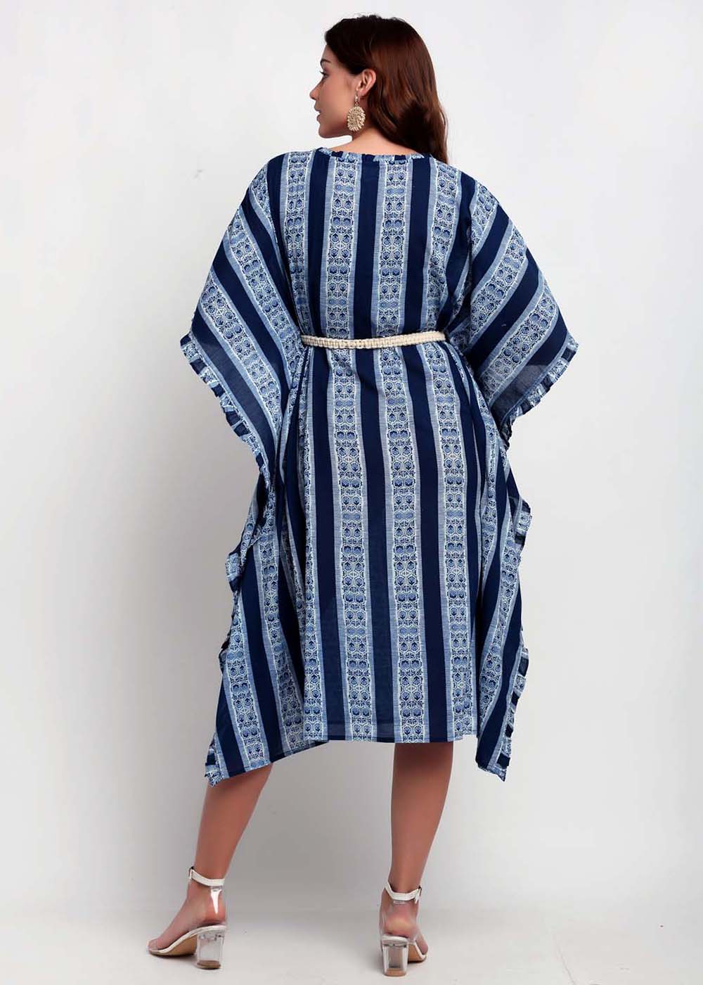 Blanc9 Printed Kaftan With Macrame Belt- B9KF04