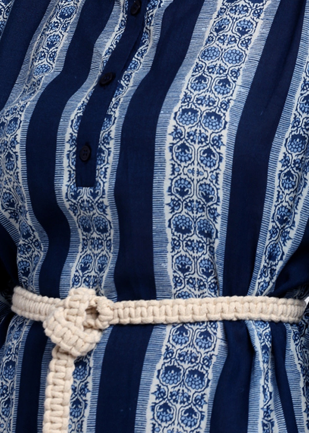 Blanc9 Printed Kaftan With Macrame Belt- B9KF04