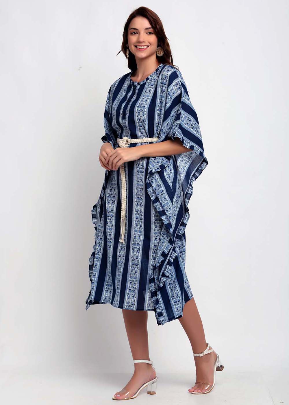 Blanc9 Printed Kaftan With Macrame Belt- B9KF04