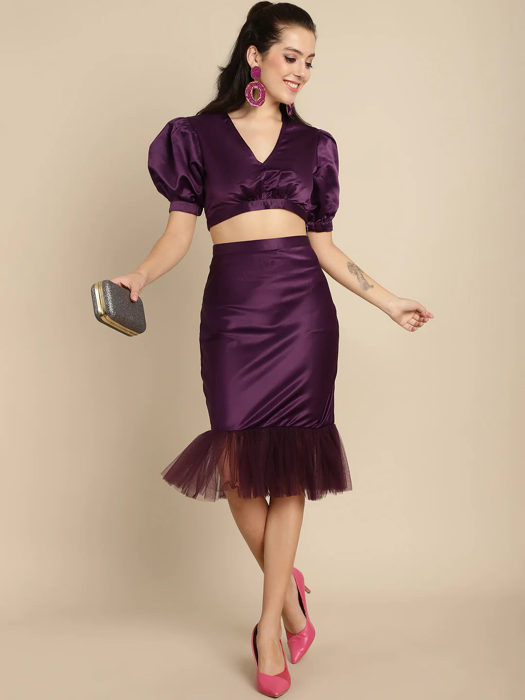 Purple Crop Top With Tulle Detail Skirt Co-Ord Set