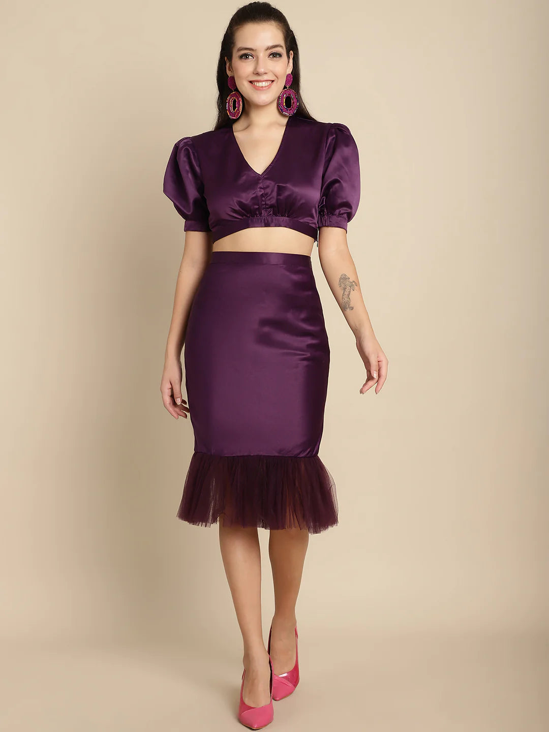 Blanc9 Purple Cropped Top with Pencil Shape Skirt-B9ST140