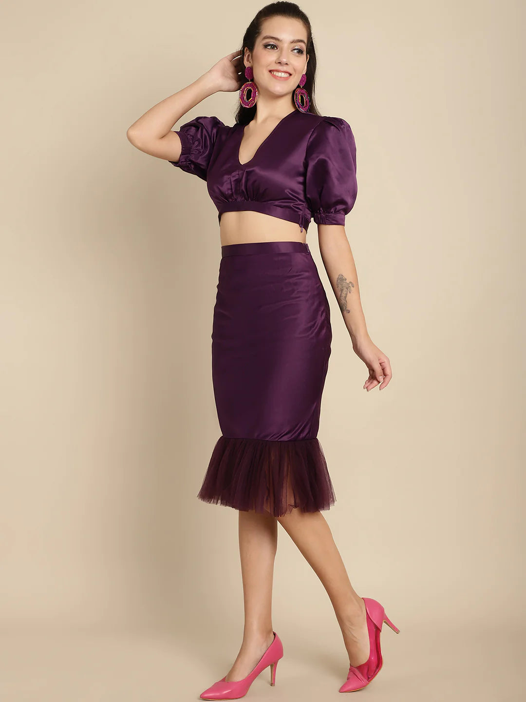 Blanc9 Purple Cropped Top with Pencil Shape Skirt-B9ST140