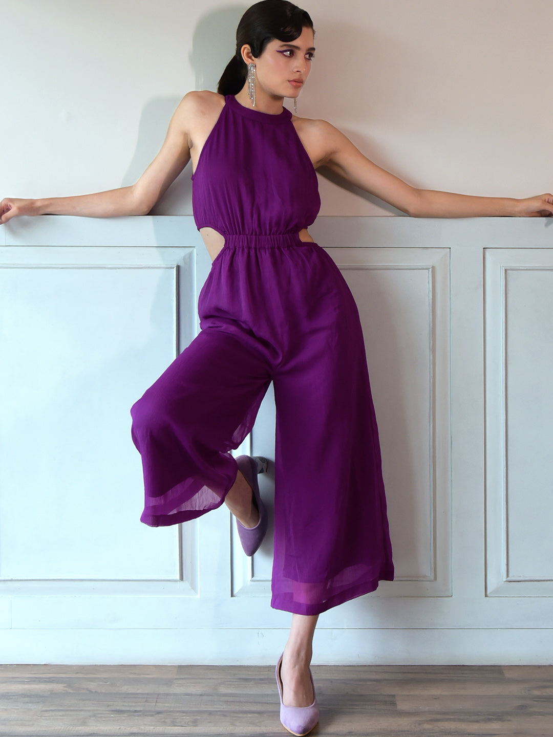 purple dress jumpsuit Davi & Dani Smocked Bodice Strap Ruffle Tie Belt Jumpsuit PURPLE / M