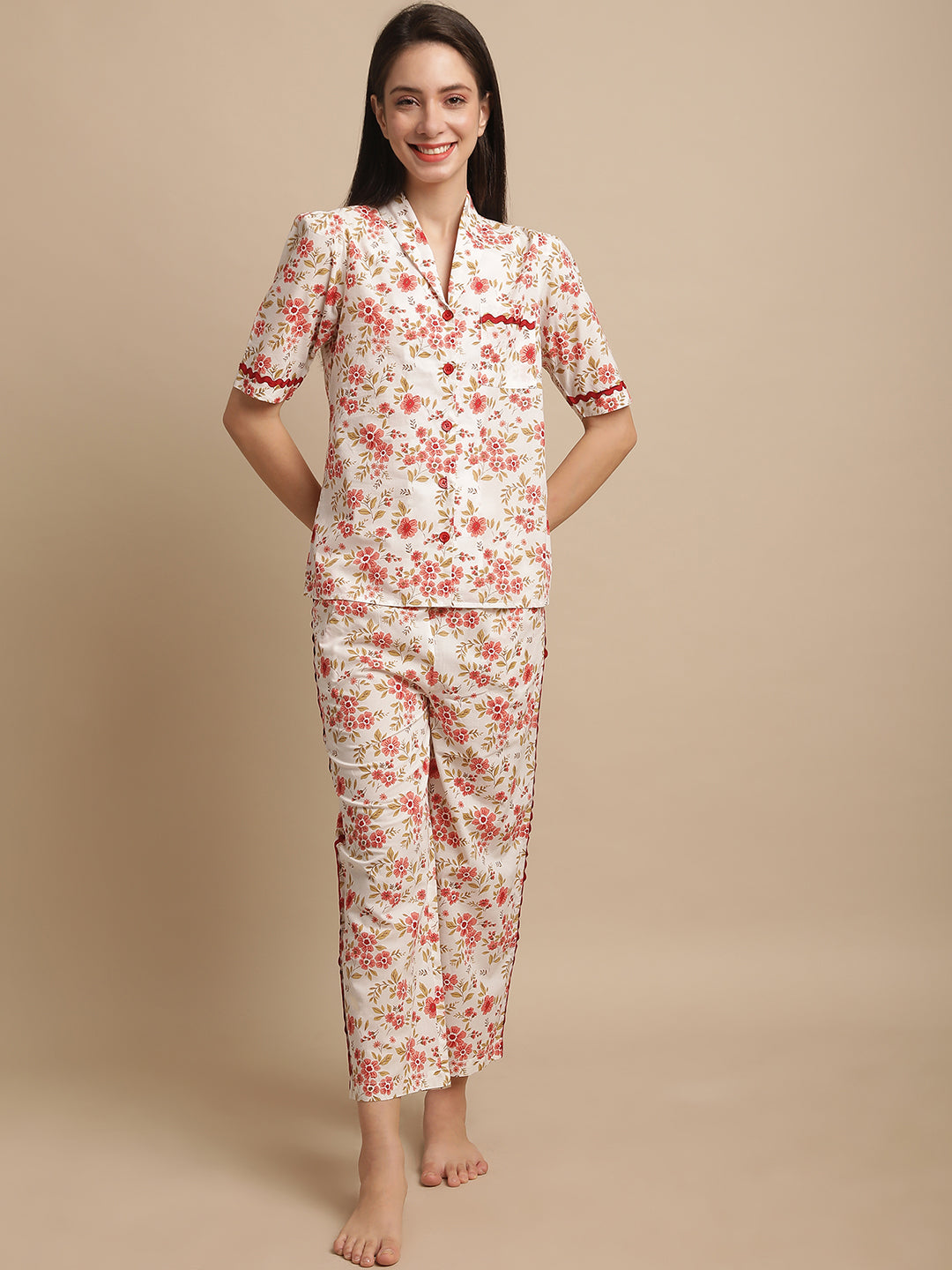 Blanc9 Red Floral Printed Nightsuit-B9NW86