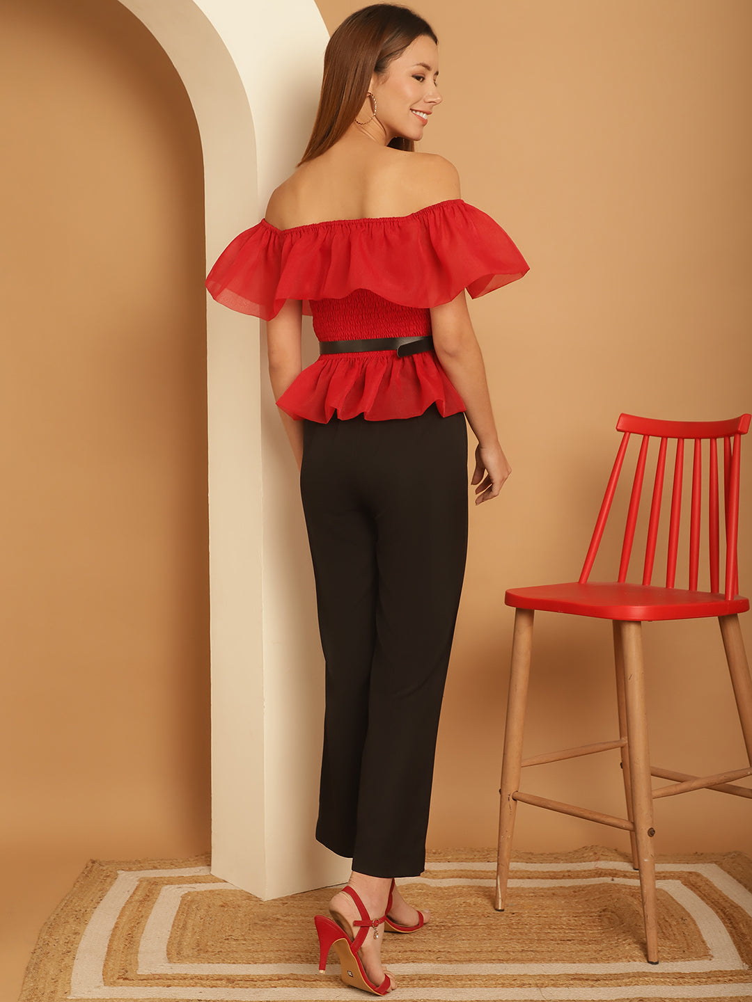 Blanc9RedOrganzaOff-ShoulderTopwithBlackTrouserandblackbelt