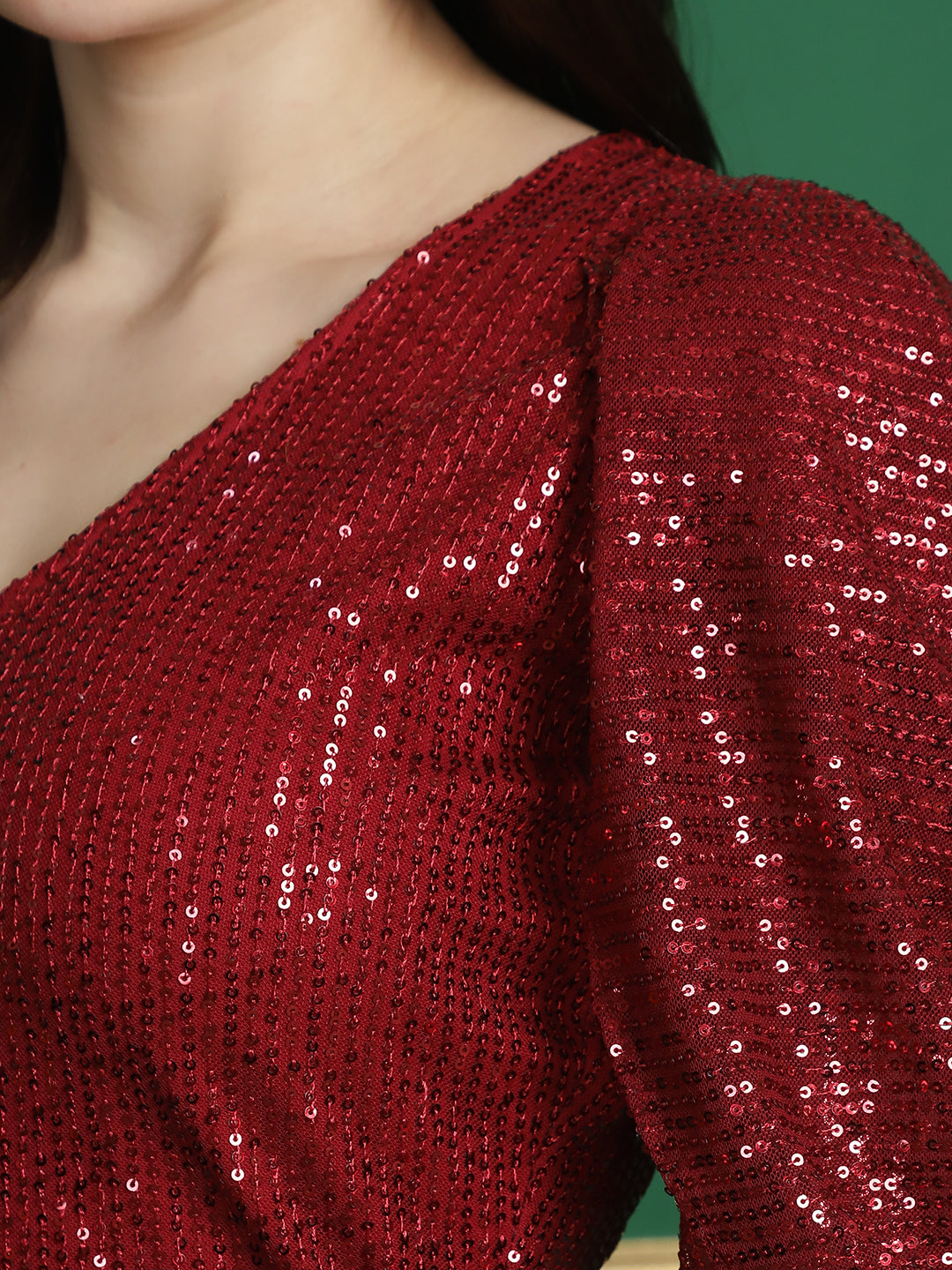 Blanc9RedSequinedDresswithCowlDrapeonSleeves