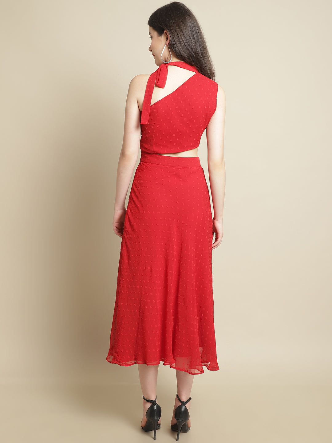 Blanc9 Red Side Cut-Out Dress With Neck Tie Band