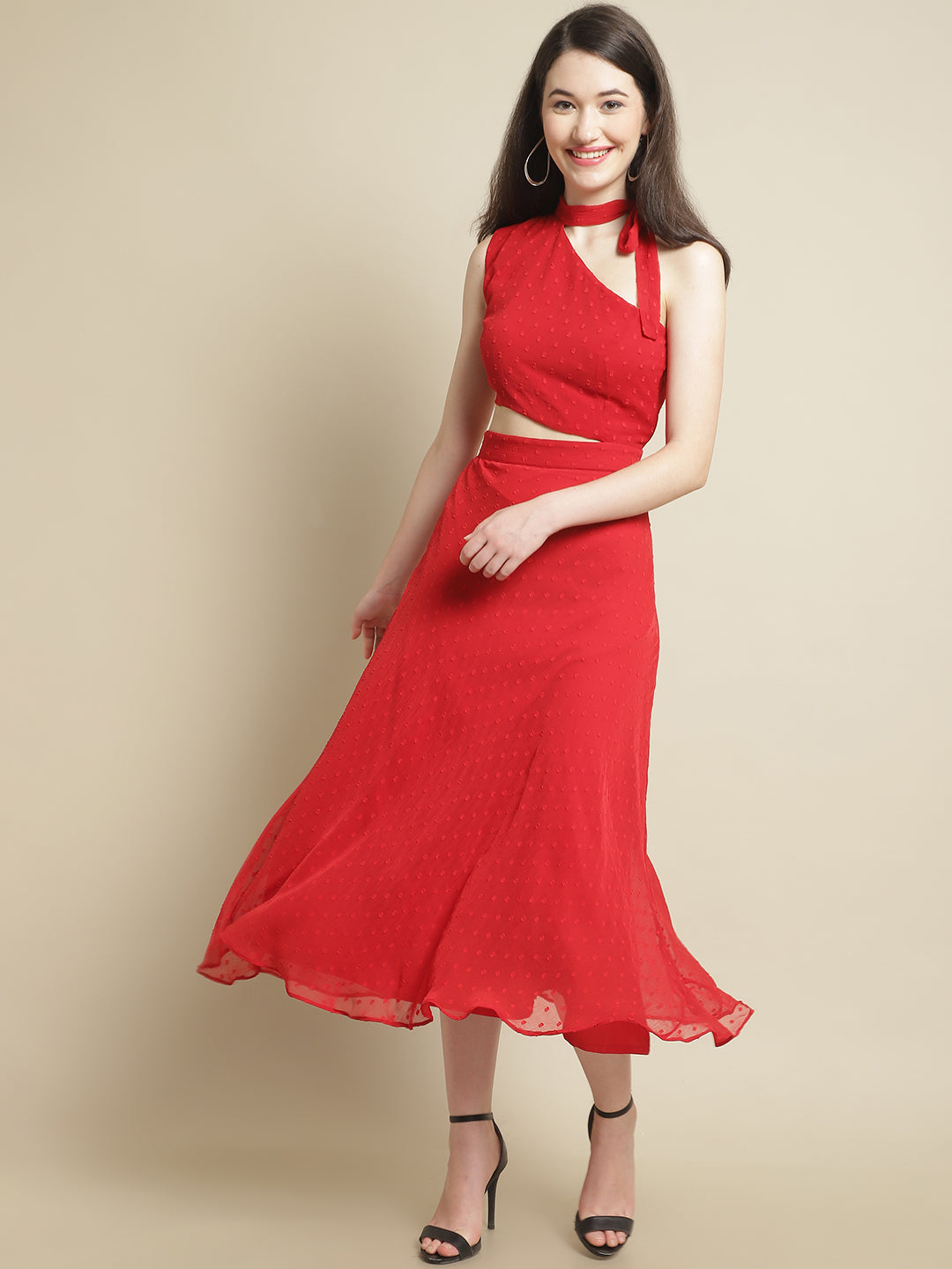 Blanc9 Red Side Cut-Out Dress With Neck Tie Band