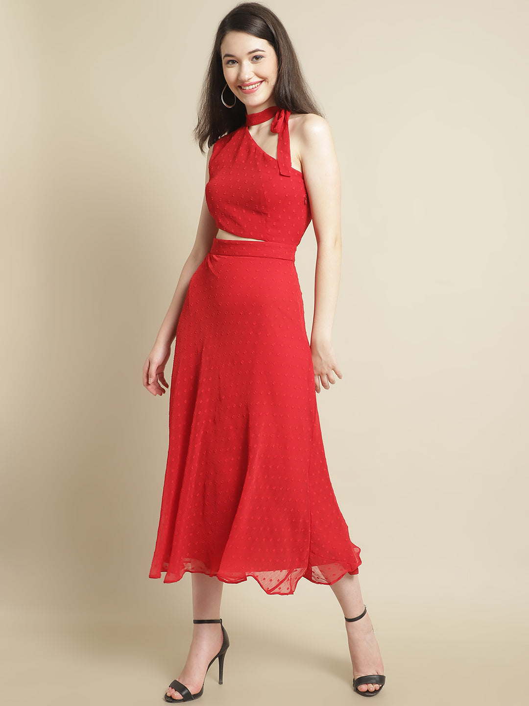 Blanc9 Red Side Cut-Out Dress With Neck Tie Band