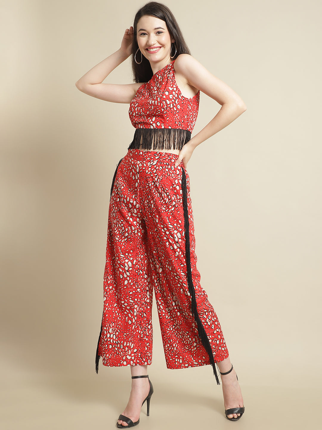 Blanc9 Red & Black Fringed Lace Top With Trouser-B9ST53R